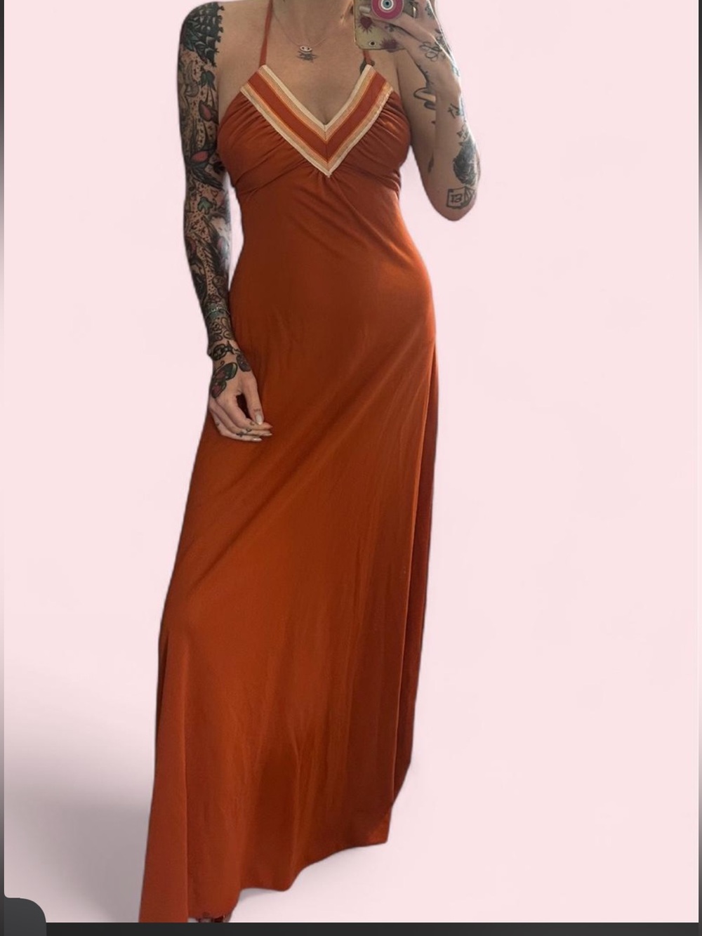 Vintage 70s Rust Halter Maxi Dress with Contrast Trim